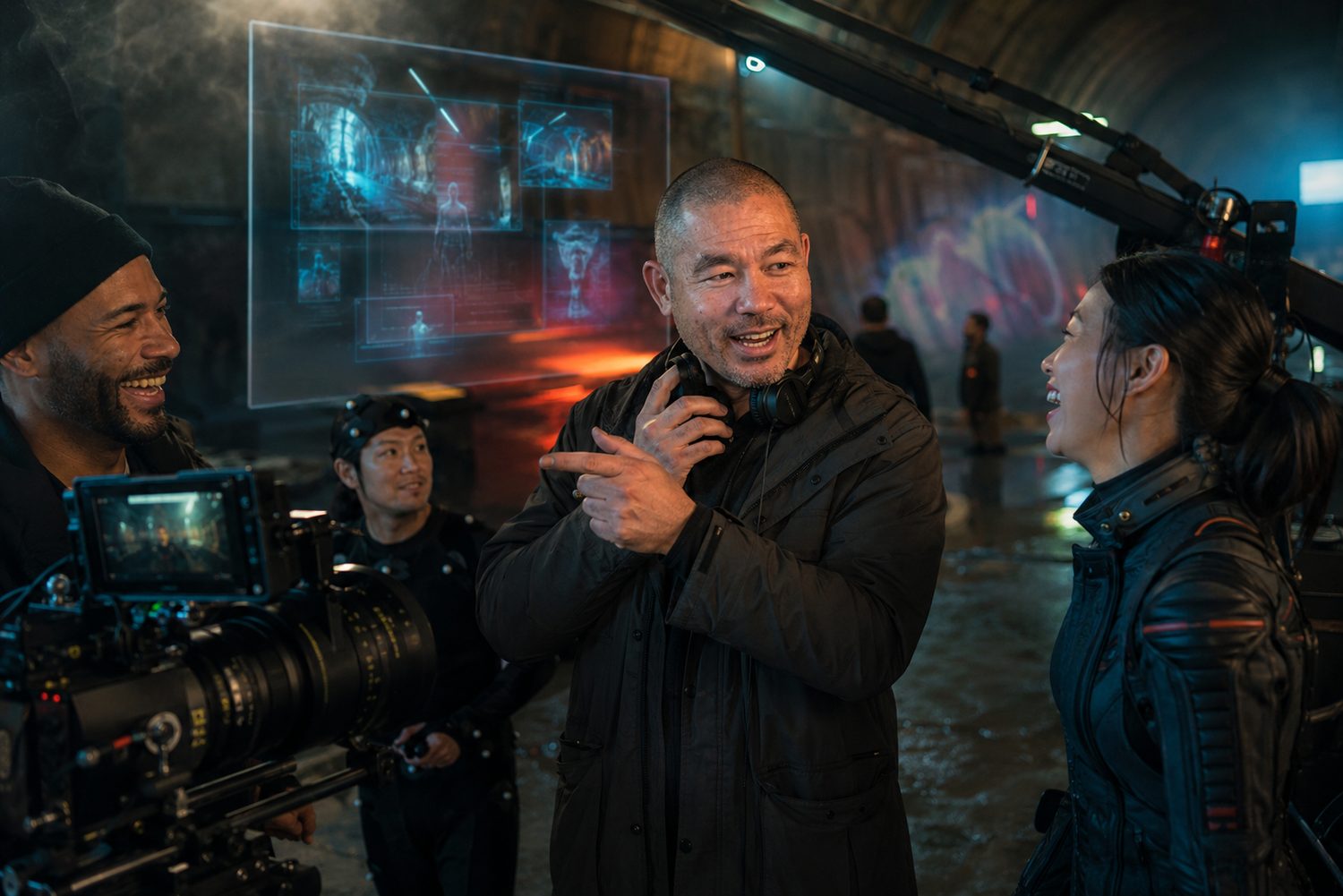 Devin Lockett directing a scene on set with the camera crew